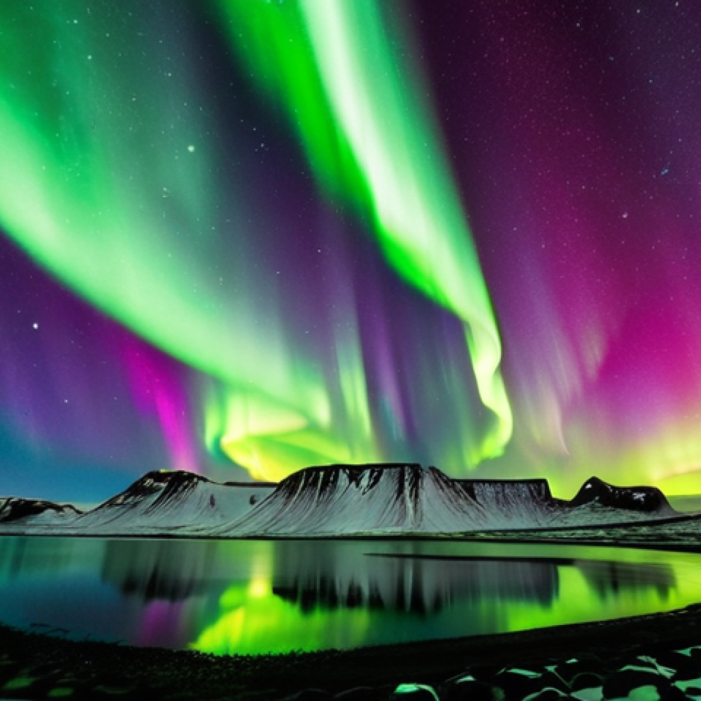 **Prompt:** A mesmerizing scene of the Northern Lights (Aurora Borealis) dancing across a vast, crystal-clear night sky in a remote, dark Icelandic landscape. The vibrant green, pink, and purple auroras are dramatically displayed, with their radiant colors subtly reflecting in a calm body of water or silhouetting distant, majestic mountains. The atmosphere is one of profound tranquility and awe-inspiring natural beauty, emphasizing the absence of light pollution.