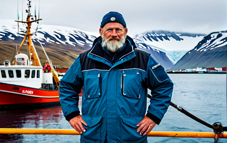 An experienced Icelandic fisherman in protective, professional fishing gear, standing on the deck of a modern high-tech trawler, with a traditional smaller fishing boat in the background, docked at a bustling Icelandic harbor. Majestic snow-capped mountains and clear, cold Atlantic waters frame the scene. The atmosphere is vibrant, showcasing a blend of tradition and modernity. fully clothed, modest clothing, appropriate attire, professional dress, safe for work, appropriate content, perfect anatomy, correct proportions, natural pose, well-formed hands, proper finger count, natural body proportions, professional photography, high quality, professional.