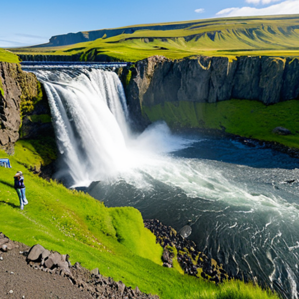 **

"A stunning view of Selfoss waterfall in Iceland, Skoga River flowing powerfully, surrounded by lush green landscape, clear blue sky, fully clothed tourists admiring the scenery, appropriate content, safe for work, perfect anatomy, natural proportions, professional landscape photography, high quality, family-friendly, modest setting."

**