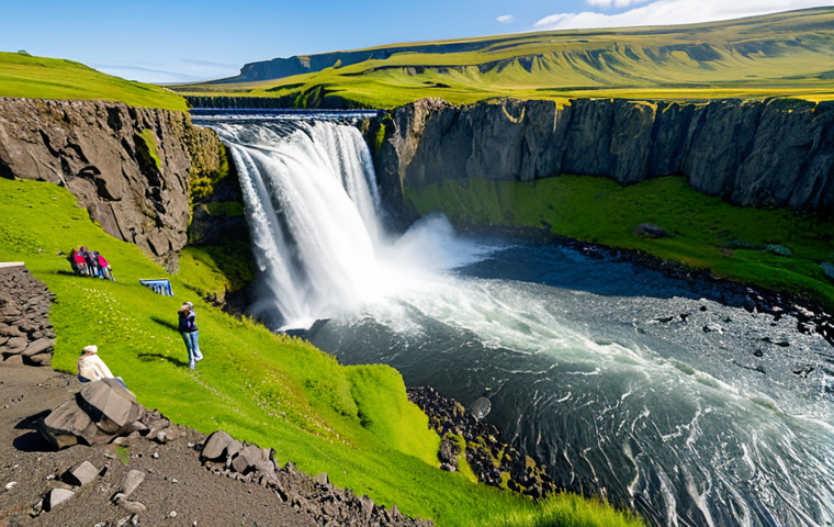 **

"A stunning view of Selfoss waterfall in Iceland, Skoga River flowing powerfully, surrounded by lush green landscape, clear blue sky, fully clothed tourists admiring the scenery, appropriate content, safe for work, perfect anatomy, natural proportions, professional landscape photography, high quality, family-friendly, modest setting."

**