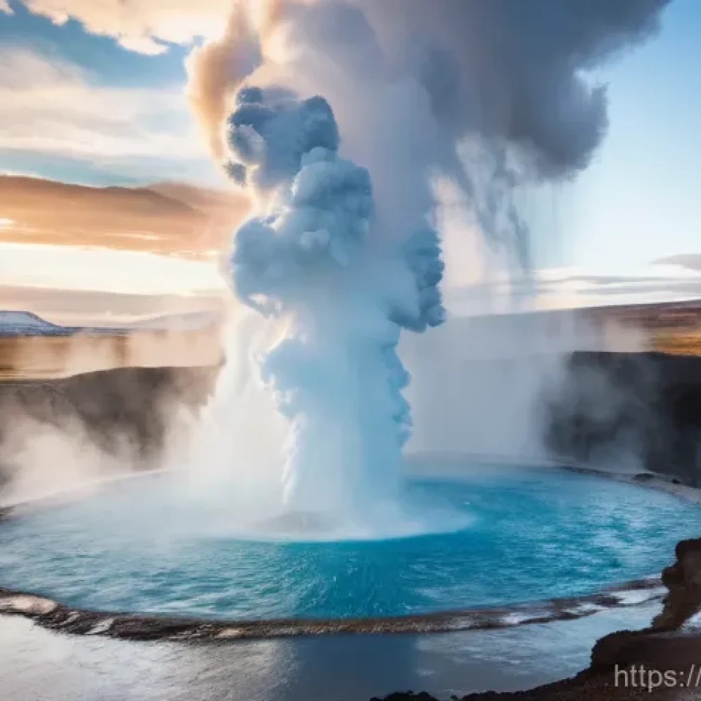 아이슬란드 게이시르 간헐천 방문기 - A dynamic, wide-angle shot of the Strokkur geyser in Iceland erupting forcefully, sending a towering...