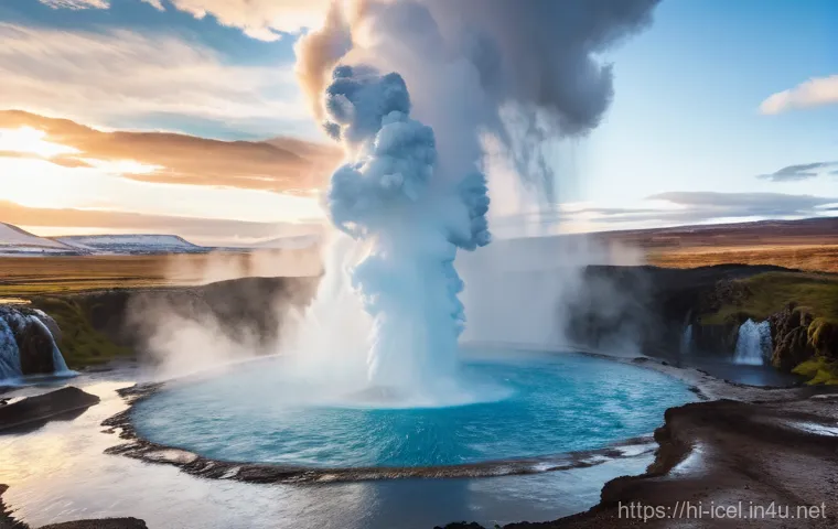 아이슬란드 게이시르 간헐천 방문기 - A dynamic, wide-angle shot of the Strokkur geyser in Iceland erupting forcefully, sending a towering...