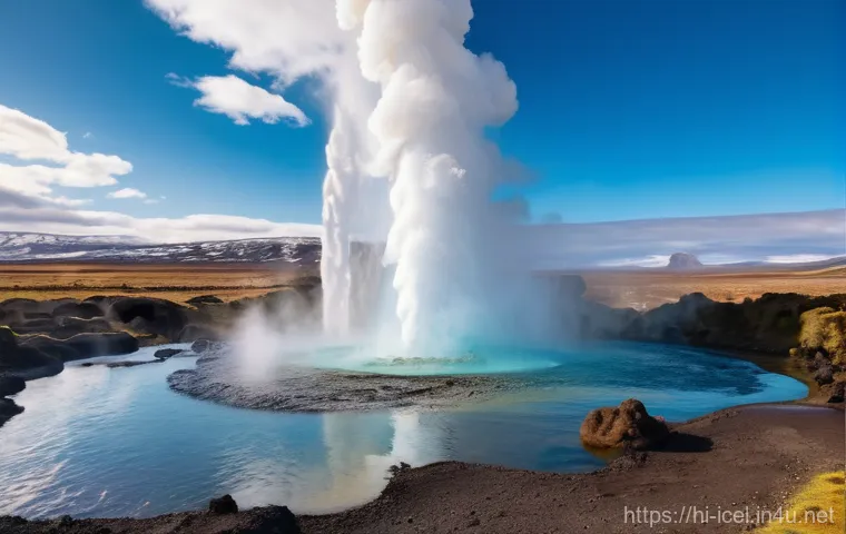 아이슬란드 게이시르 간헐천 방문기 - A dynamic, wide-angle shot of the Strokkur geyser in Iceland erupting forcefully, sending a towering...