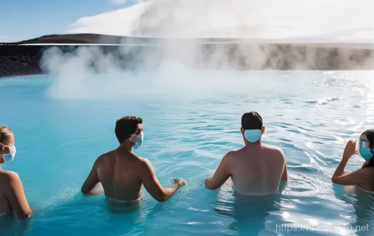 아이슬란드의 지열 호수 - **Prompt:** A group of people of diverse ages enjoying the milky blue waters of the Blue Lagoon in I...