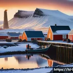 Home 13 아이슬란드 vs 덴마크 경제 구조 - A detailed coastal fishing village scene in Iceland during early morning light, featuring fishermen ...