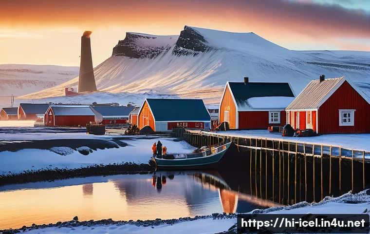 아이슬란드 vs 덴마크 경제 구조 - A detailed coastal fishing village scene in Iceland during early morning light, featuring fishermen ...