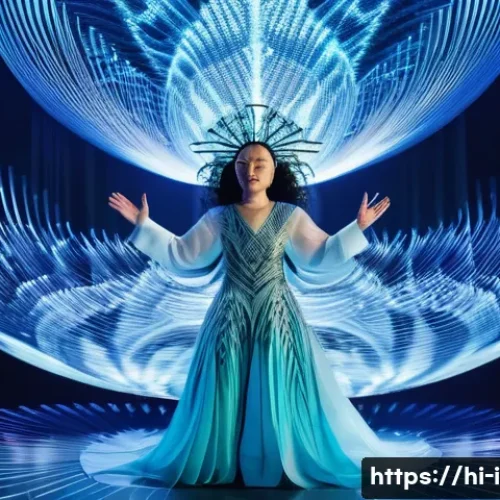 Home 26 비외르크 Björk 음악과 영향 - A visionary female performer inspired by Björk on stage, blending traditional Icelandic folk attire ...
