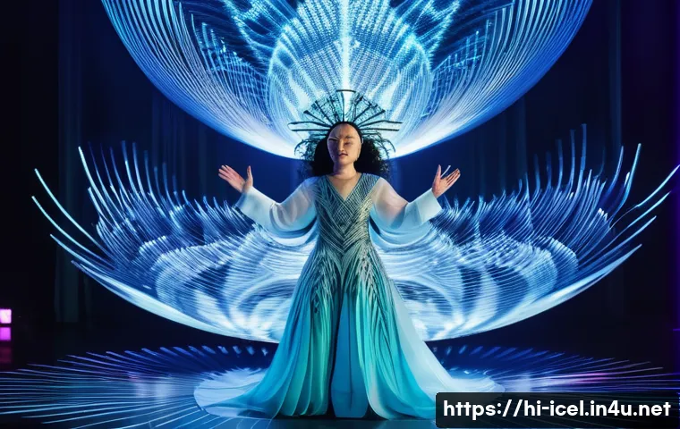 비외르크  Bj&ouml;rk  음악과 영향 - A visionary female performer inspired by Bj&ouml;rk on stage, blending traditional Icelandic folk attire ...